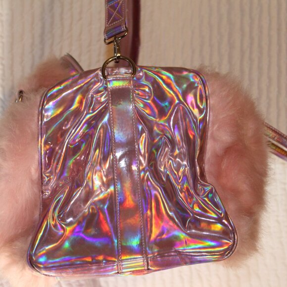 SOLD-Dolls Kill Cotton Candy Pink Fuzzy Faux Fur Holographic Weekender Bag - Picture 10 of 12